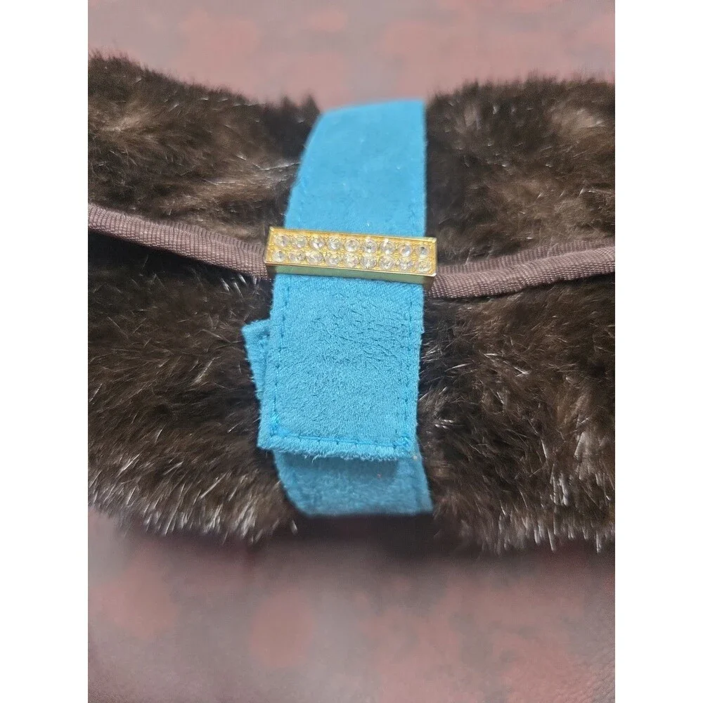 Stephanie Johnson Faux Fur Jewelry Cosmetic Bag Brown Turquoise Rhinestone